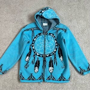 YARI ARTESANIAS Blue DREAM CATCHER Zip Up HOODED Wool SWEATER Ecuador JACKET  M